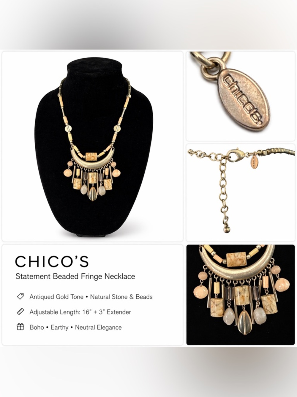 Chico’s Beige Statement Fringe 16” w/Extender Necklace - Women Jewelry